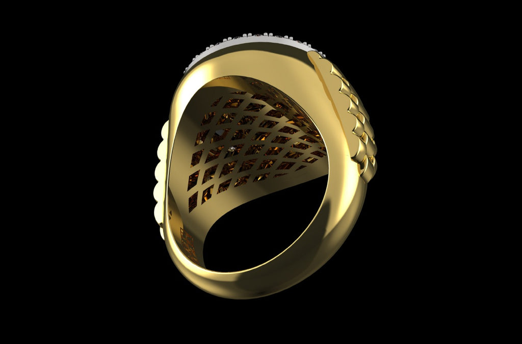 14k yellow gold round layered diamond cake ring with custom shank