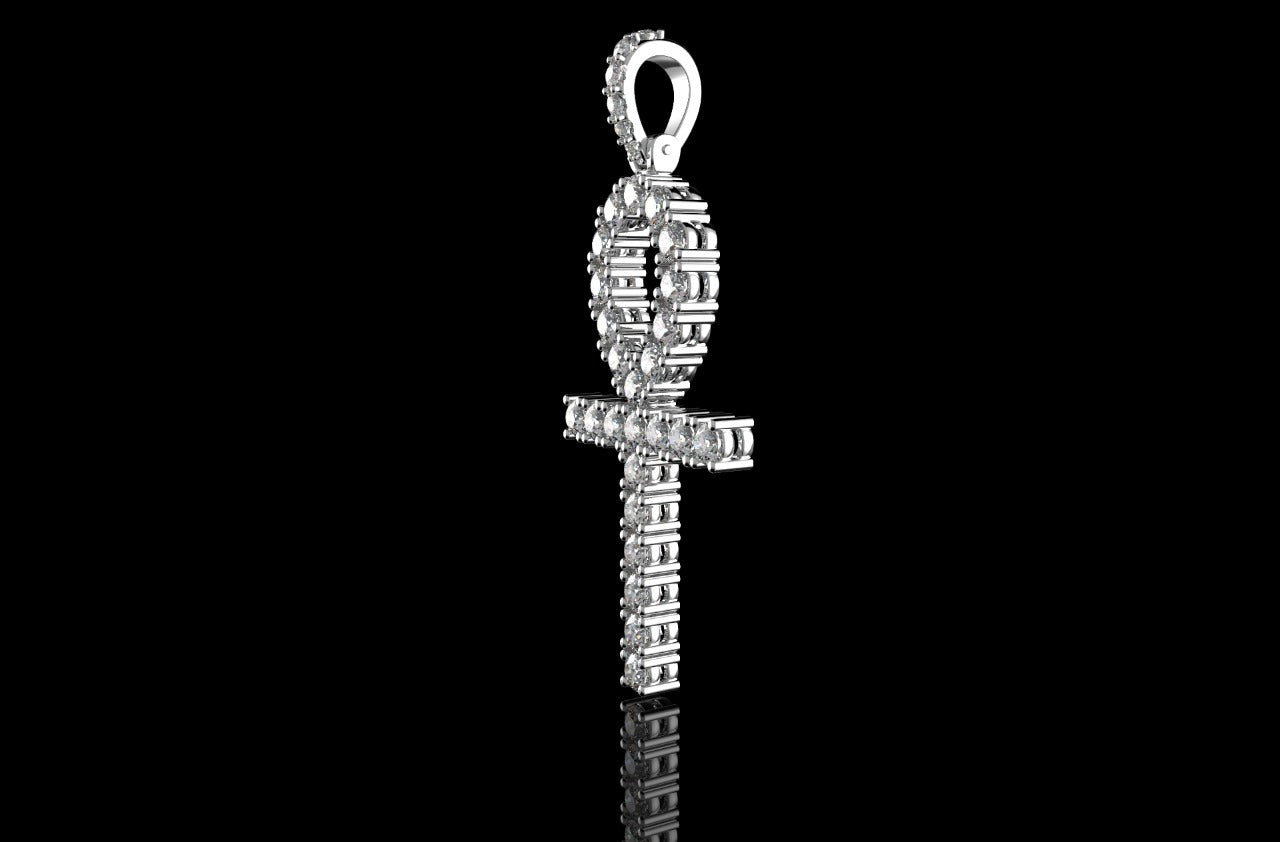 14K WHITE GOLD CUSTOM DIAMOND ANKH CROSS PENDANT