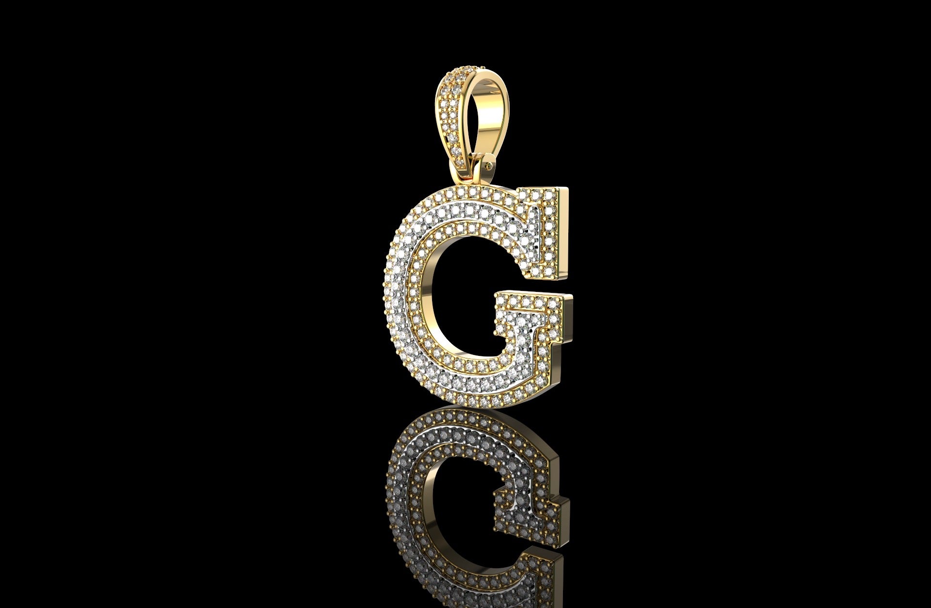 14k 2 tone yellow and white gold double layer initial G diamond pendant