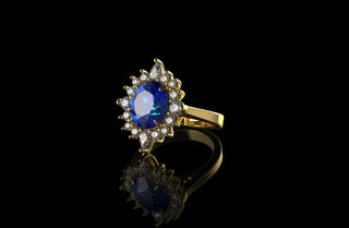 14k yellow gold custom blue sapphire oval diamond ring