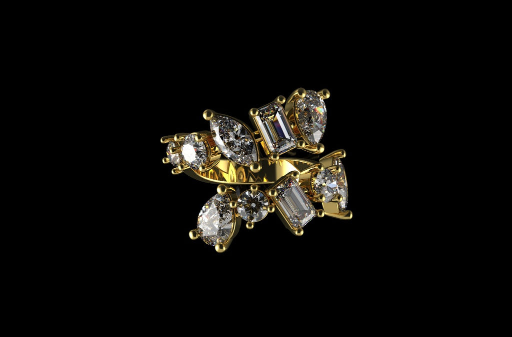 14k yellow gold multi shape stone diamond ring with split