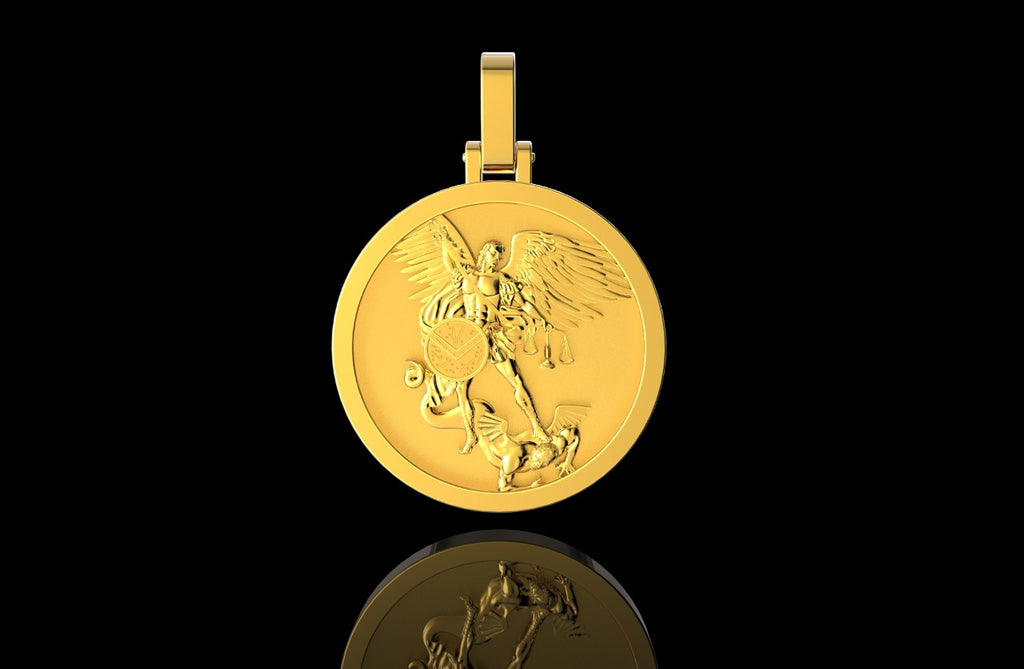 14k yellow gold Saint Michael medallion pendant