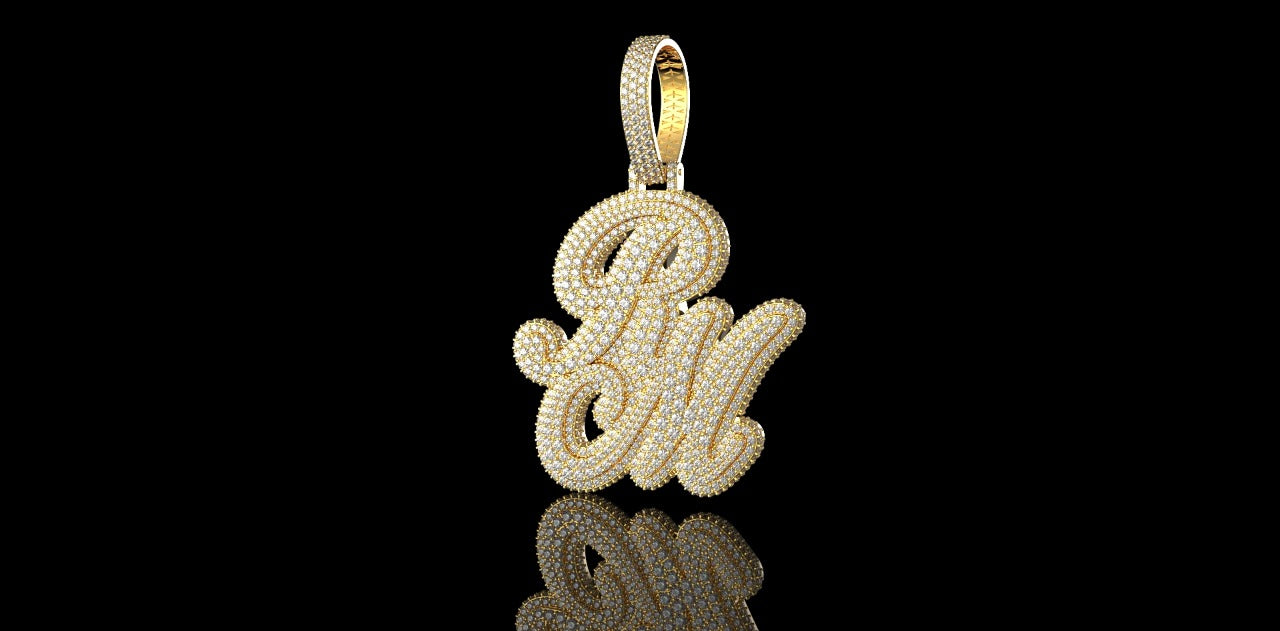 14K YELLOW GOLD CUSTOM 3D "RM" STYLE PENDANT DIAMOND PROFILE