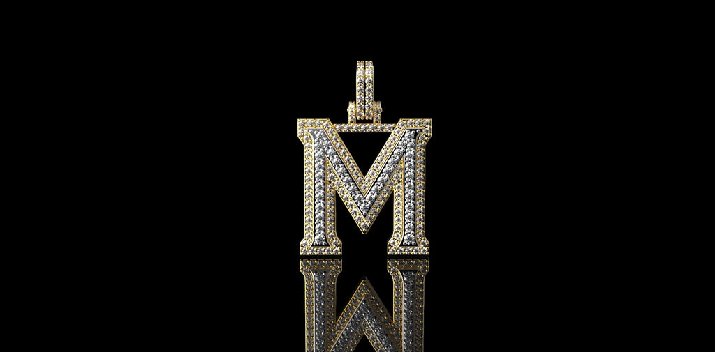 14k 2 tone yellow and white gold double layer initial M diamond pendant