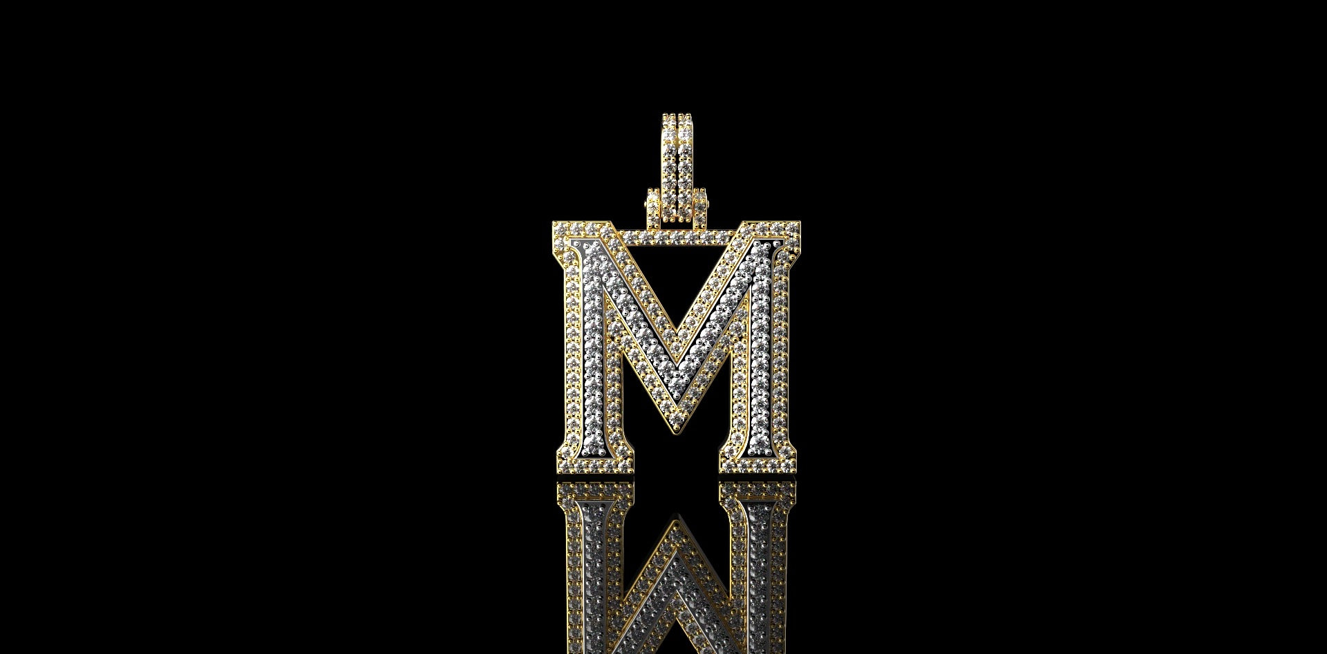 14k 2 tone yellow and white gold double layer initial M diamond pendant