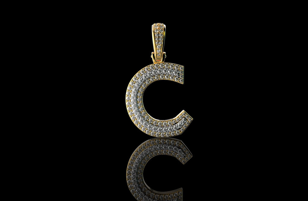 14k 2 tone yellow and white gold double layer initial C diamond pendant