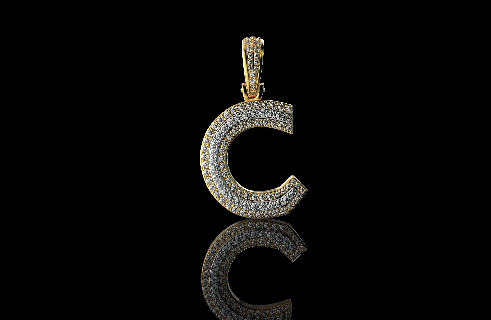14k 2 tone yellow and white gold double layer initial C diamond pendant