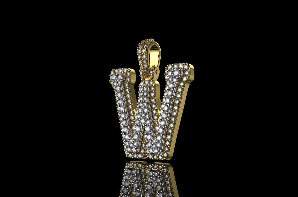 14k 2 tone yellow and white gold double layer initial W diamond pendant