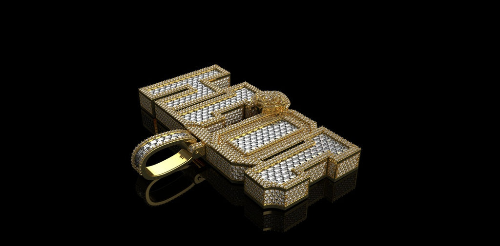 14K 2 TONE YELLOW AND WHITE GOLD DOUBLE LAYER CUSTOM "1014" STYLE BAGUETTE DIAMOND PENDANT