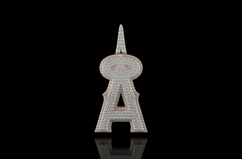 14K 2 tone ROSE and white GOLD DOUBLE LAYER CUSTOM INITIAL "A" DIAMOND PENDANT WITH PROFILE DIAMONDS