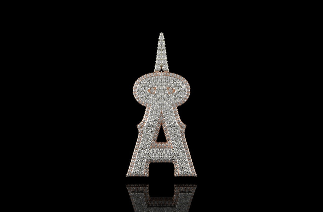 14K 2 tone ROSE and white GOLD DOUBLE LAYER CUSTOM INITIAL "A" DIAMOND PENDANT WITH PROFILE DIAMONDS