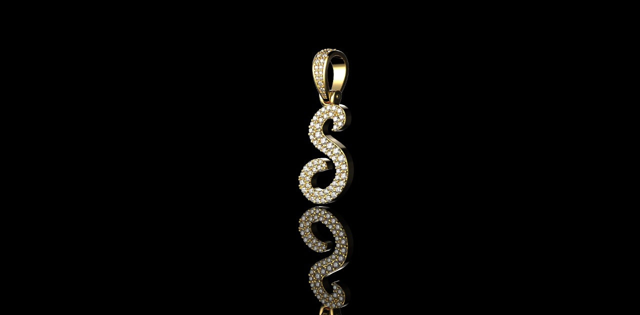 14k yellow gold Script initial S diamond pendant