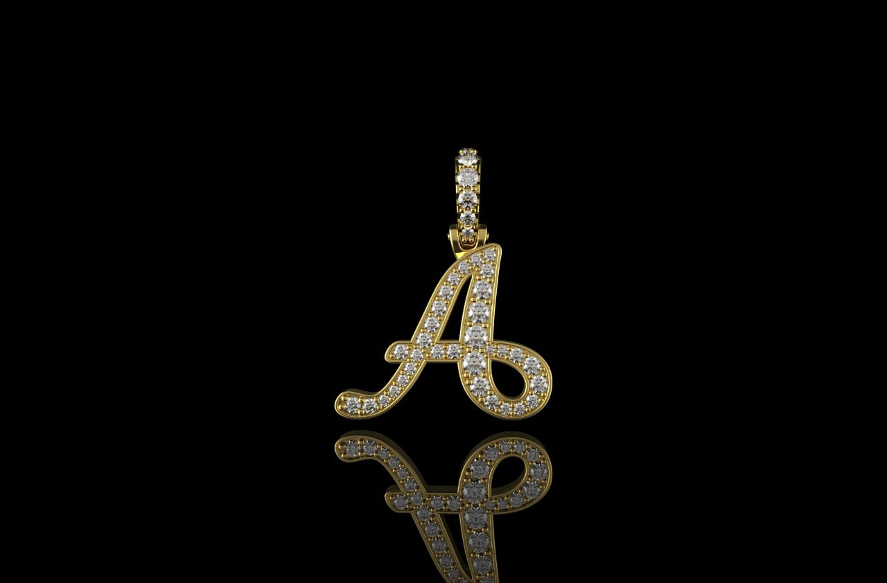 14k yellow gold single layer Script initial A diamond pendant