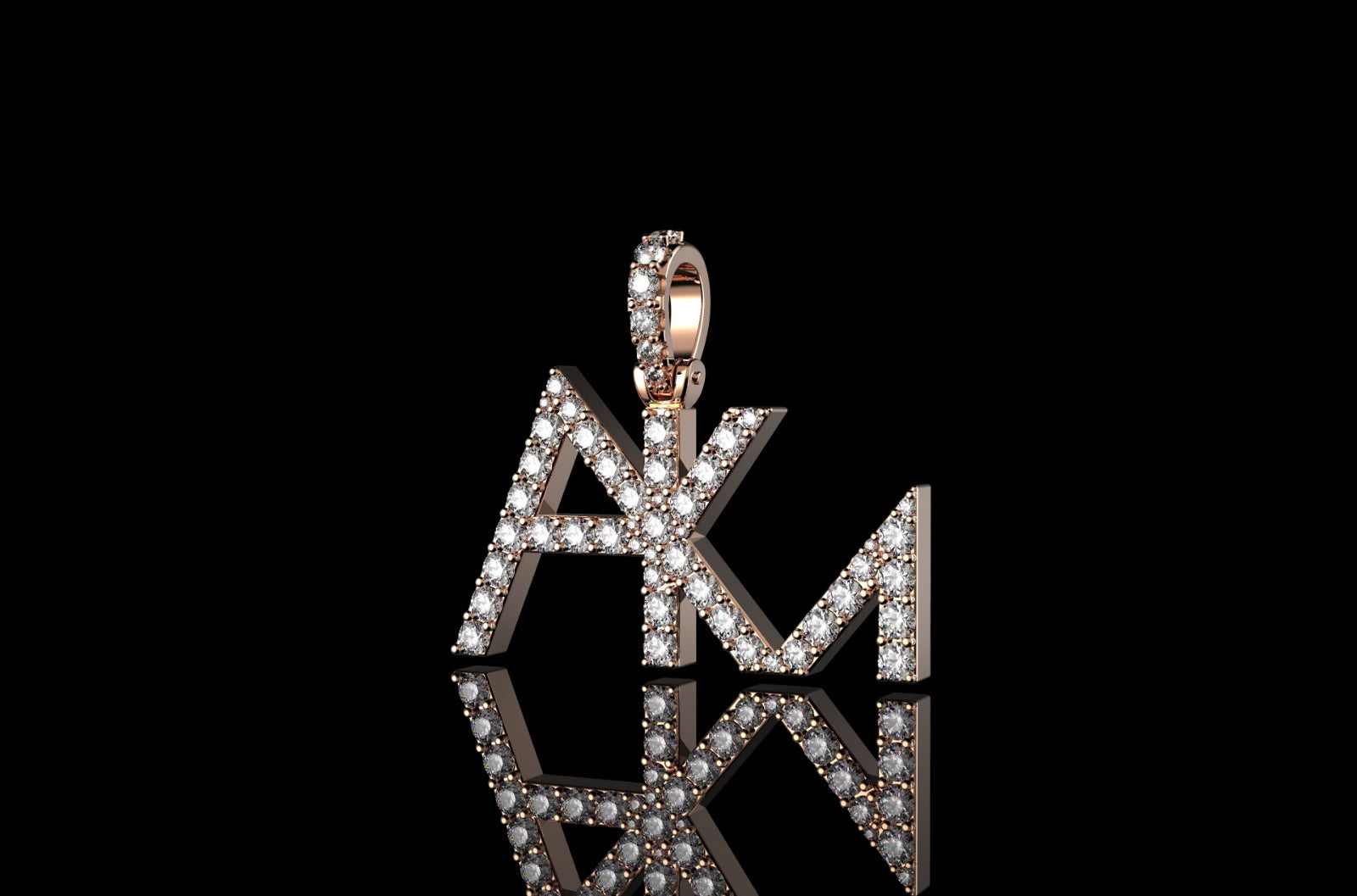 14k rose gold custom "akm" single row style diamond pendant