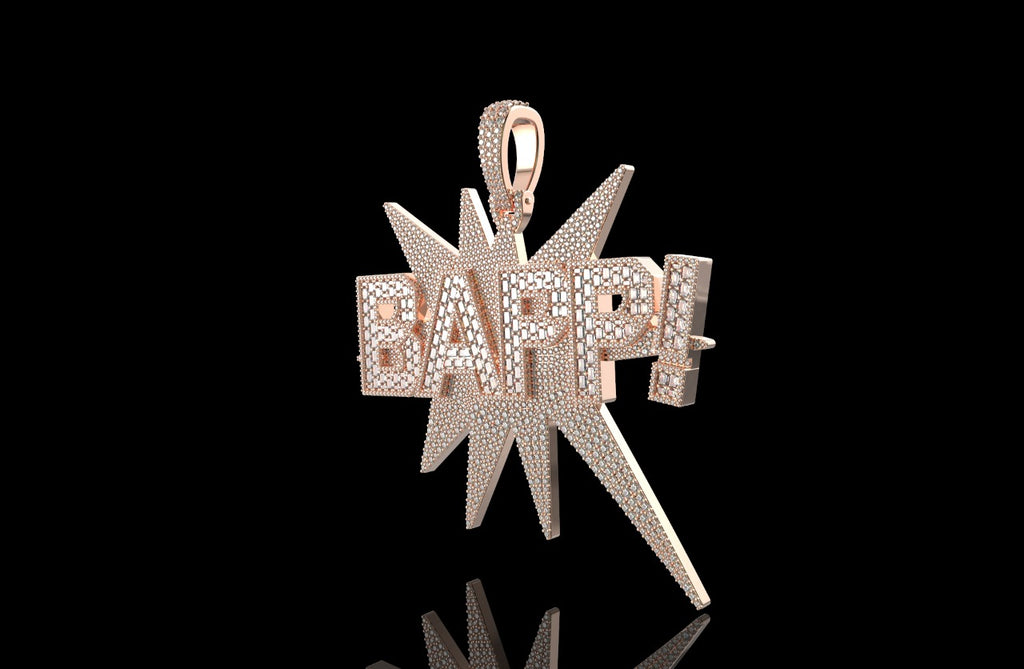 14k rose gold 3d custom "bapp!" style diamond pendant