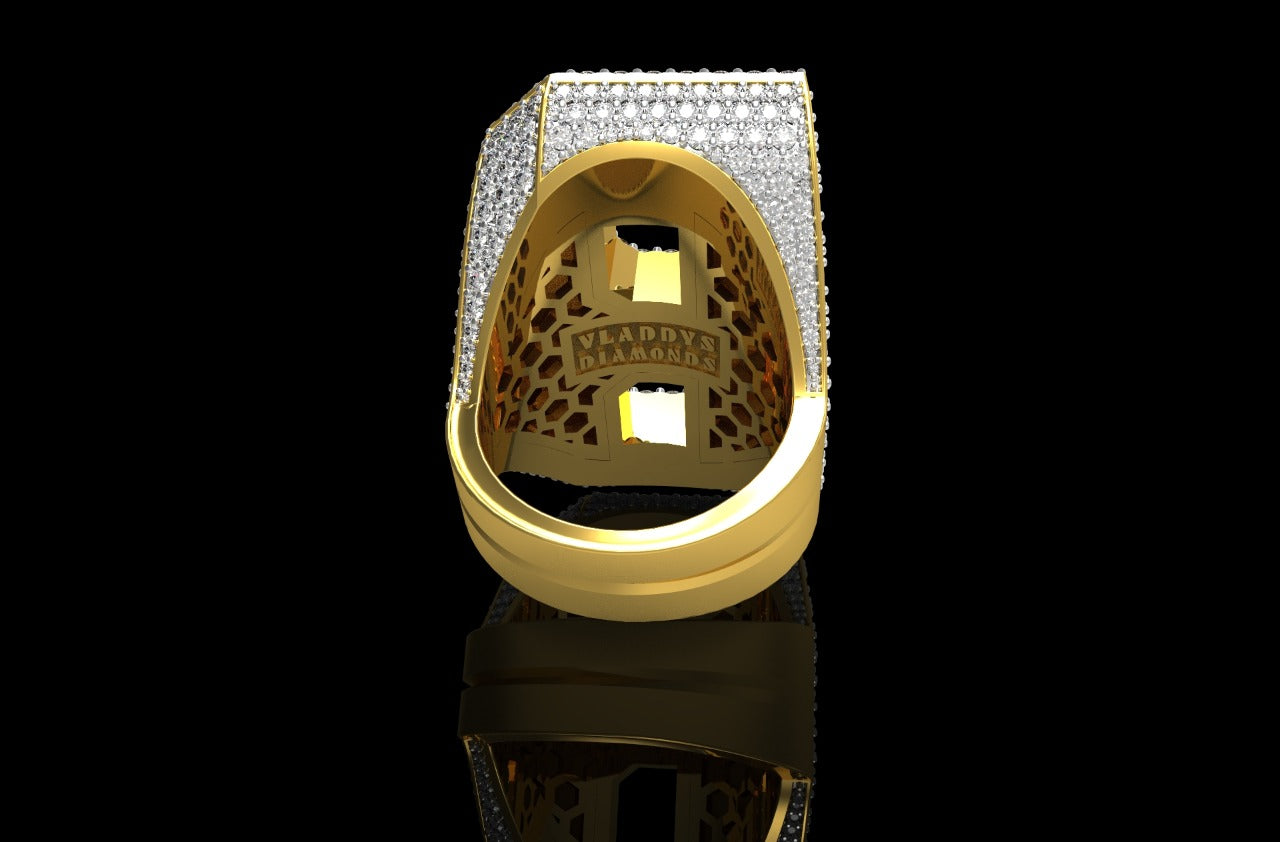 14k yellow gold custom initial "b" style baguette diamond and round diamond ring