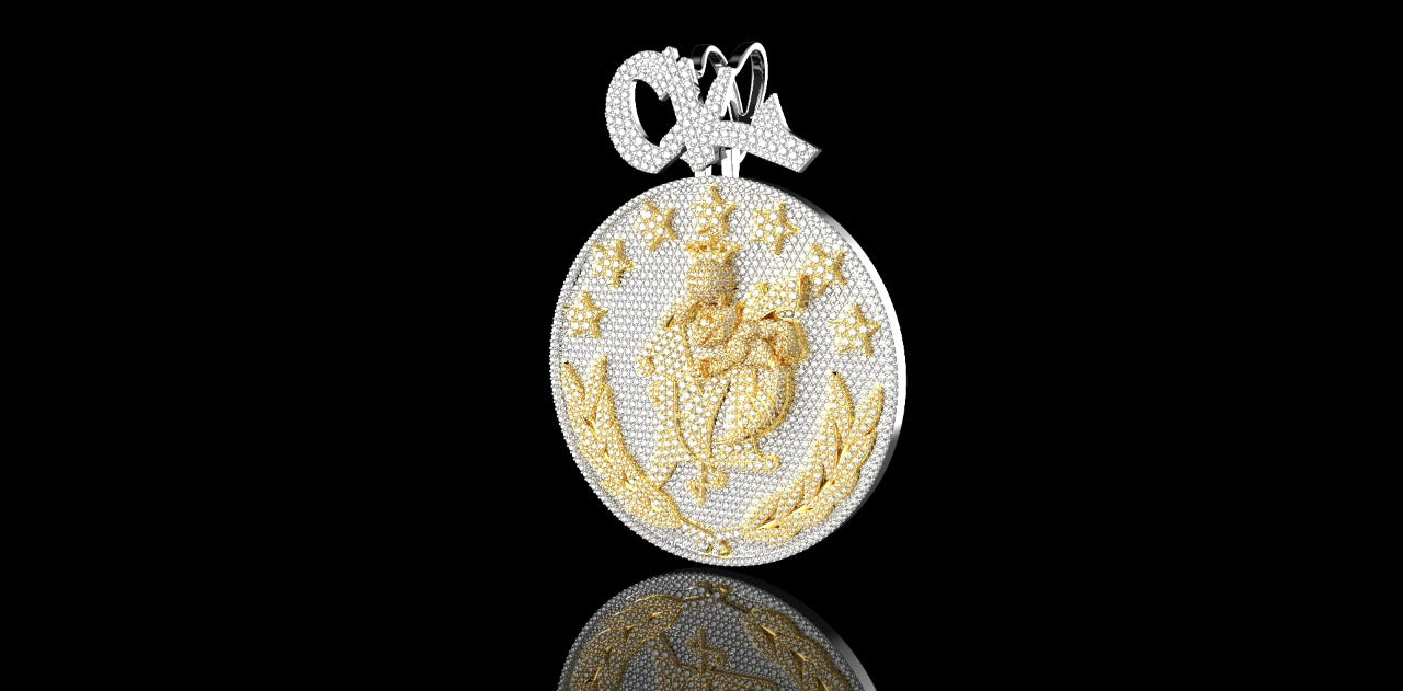 14K 2 TONE YELLOW AND WHITE GOLD LARGE CUSTOM DOUBLE LAYER "CM BUMBLE BEE" STYLE DIAMOND MEDALLION PENDANT