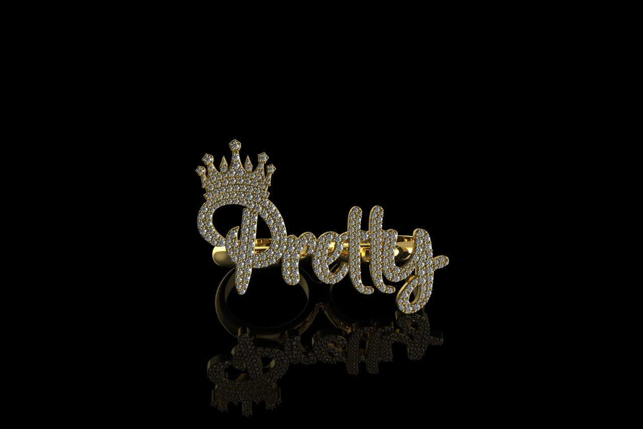 14k 2 tone yellow and white gold "pretty" with crown style diamond double finger ring