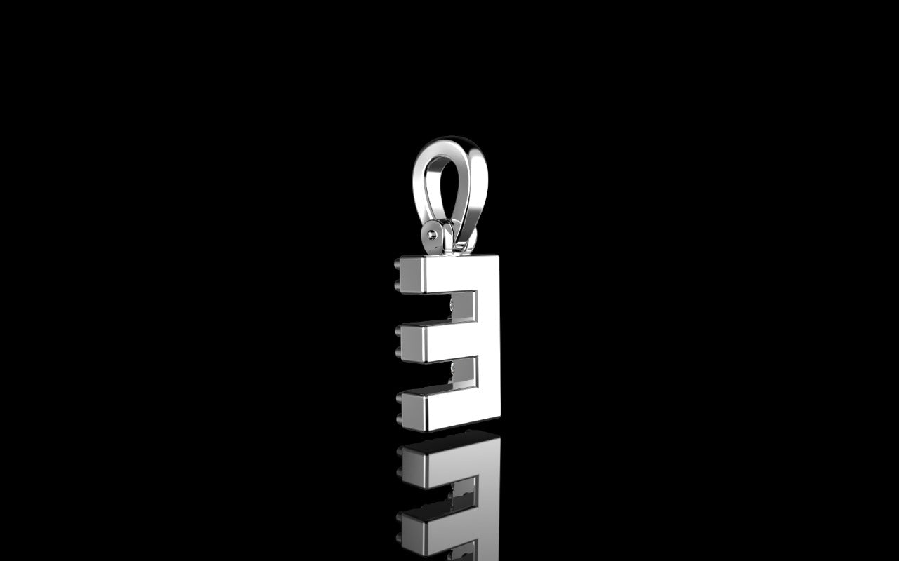14k white gold custom small single row intial "e" diamond pendant