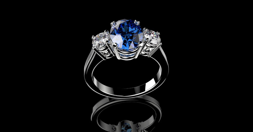 18k white gold custom 3 stone oval sapphire diamond engagement ring