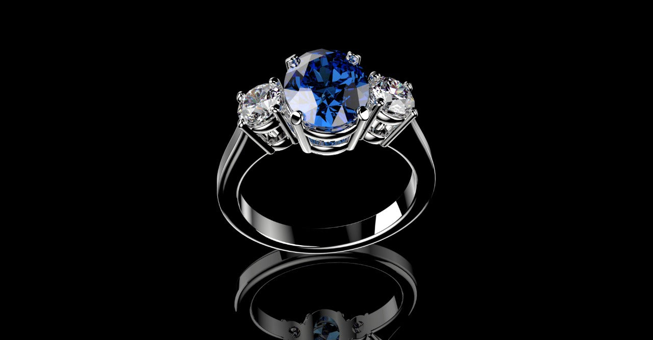 18k white gold custom 3 stone oval sapphire diamond engagement ring