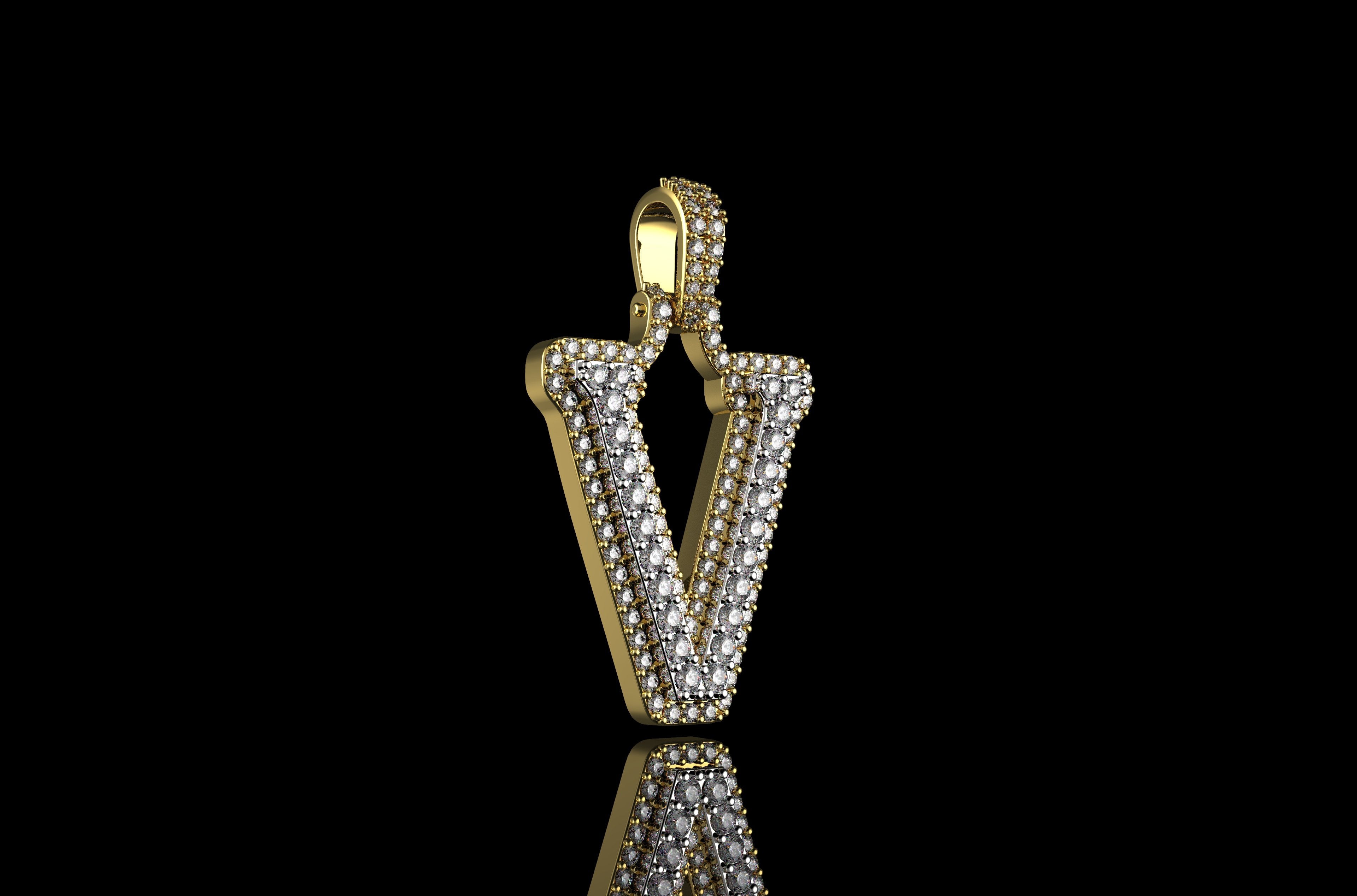 14k 2 tone yellow and white gold double layer initial V diamond pendant