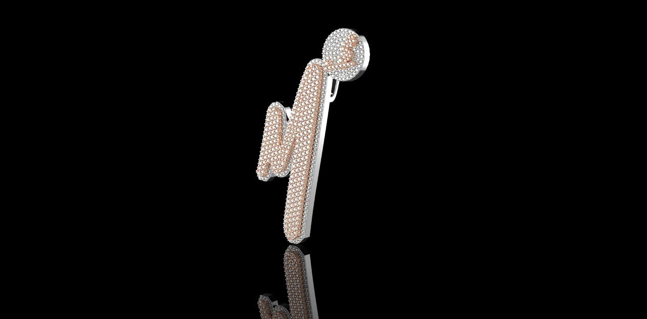 14K 2 TONE ROSE AND WHITE GOLD DOUBLE LAYER CUSTOM "M" STYLE DIAMOND PENDANT