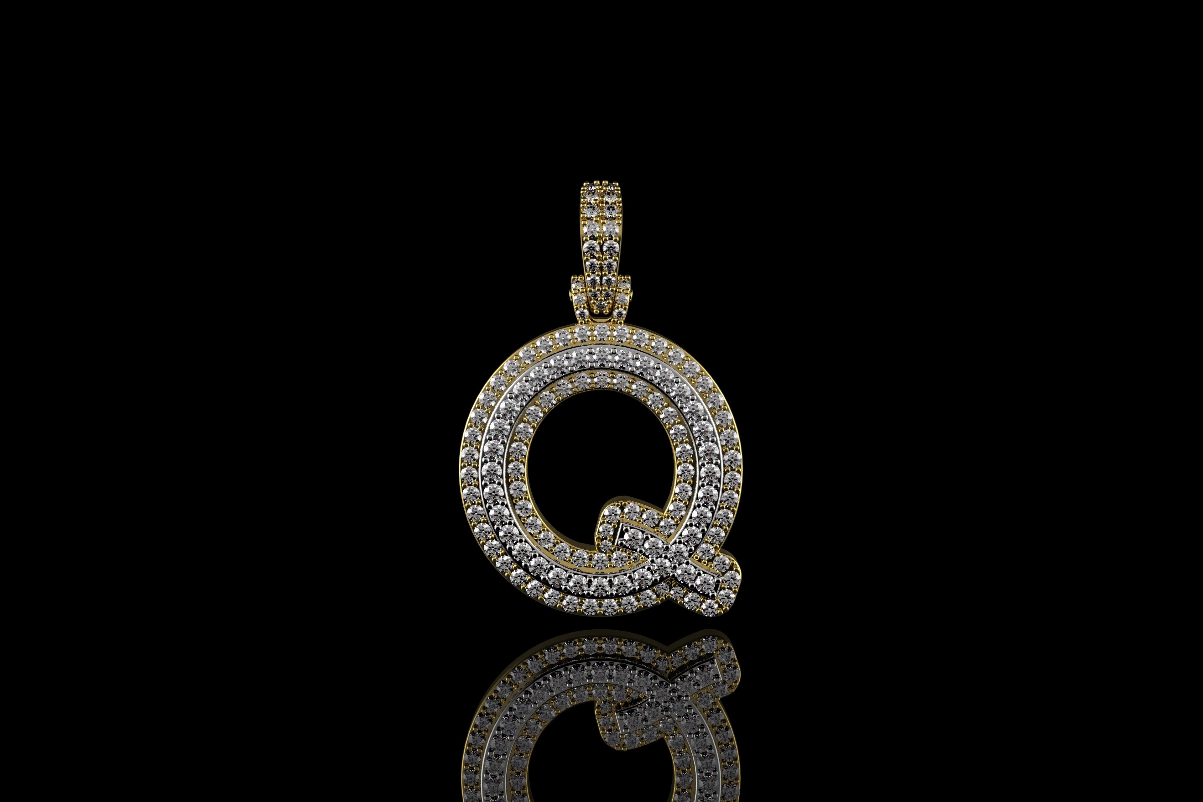 14k 2 tone yellow and white gold double layer initial Q diamond pendant