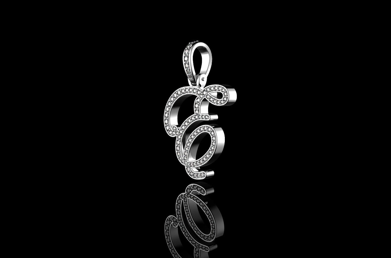 14K WHITE GOLD CUSTOM SINGLE LAYER INITIAL "E" STYLE DIAMOND PENDANT