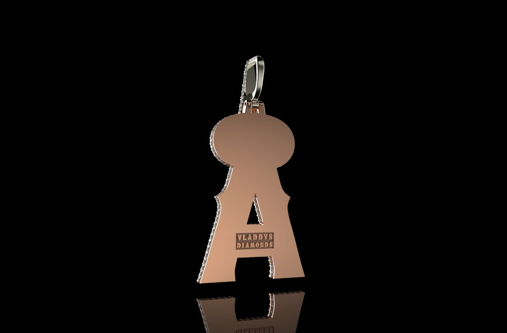 14K 2 tone ROSE and white GOLD DOUBLE LAYER CUSTOM INITIAL "A" DIAMOND PENDANT WITH PROFILE DIAMONDS