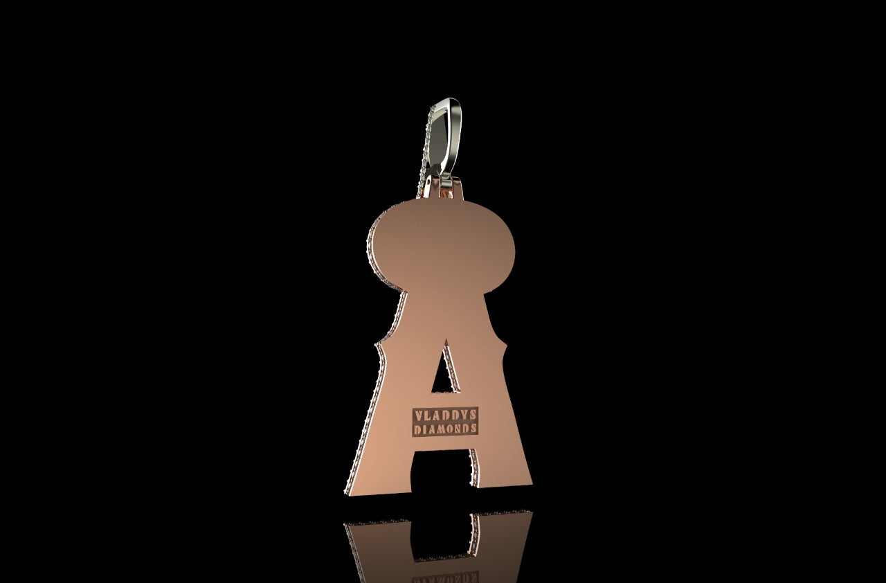 14K 2 tone ROSE and white GOLD DOUBLE LAYER CUSTOM INITIAL "A" DIAMOND PENDANT WITH PROFILE DIAMONDS