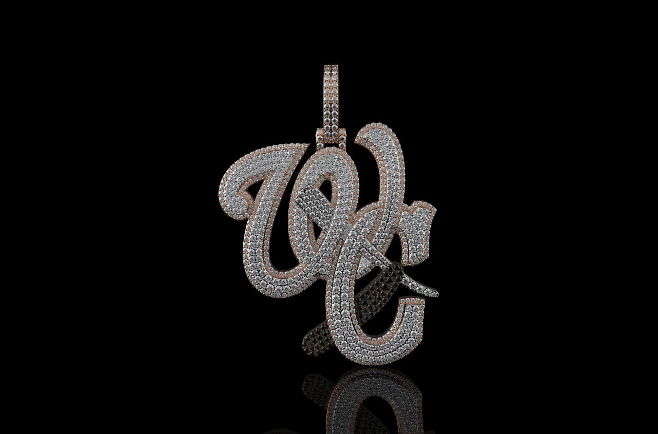 14k 2 tone rose and white gold "WC" with barber razor blade black and white diamond pendant