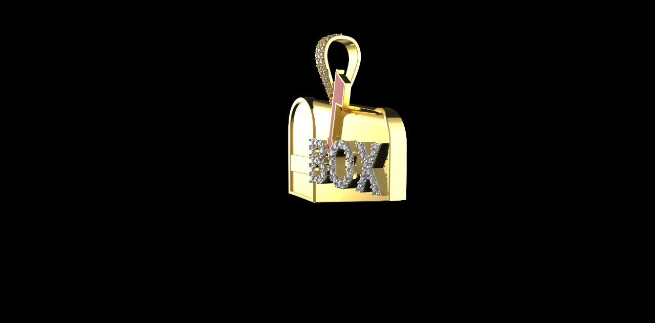 14K 2 TONE YELLOW AND WHITE GOLD CUSTOM "MAILBOX" STYLE DIAMOND PENDANT WITH RED ENAMEL
