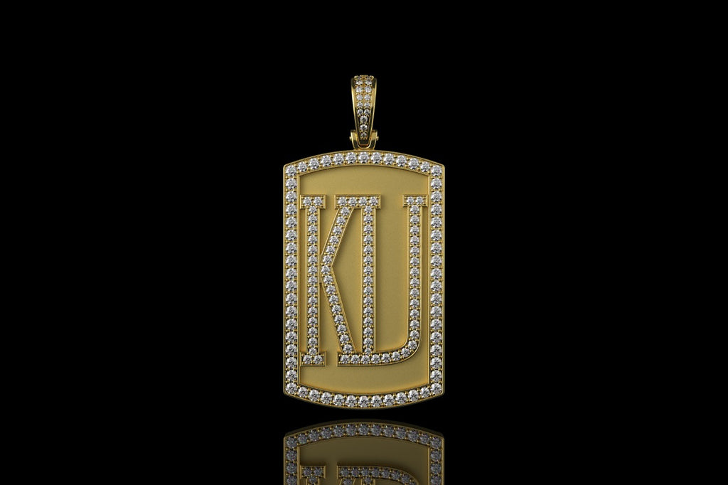 14k yellow gold custom "KU" style diamond dog tag pendant