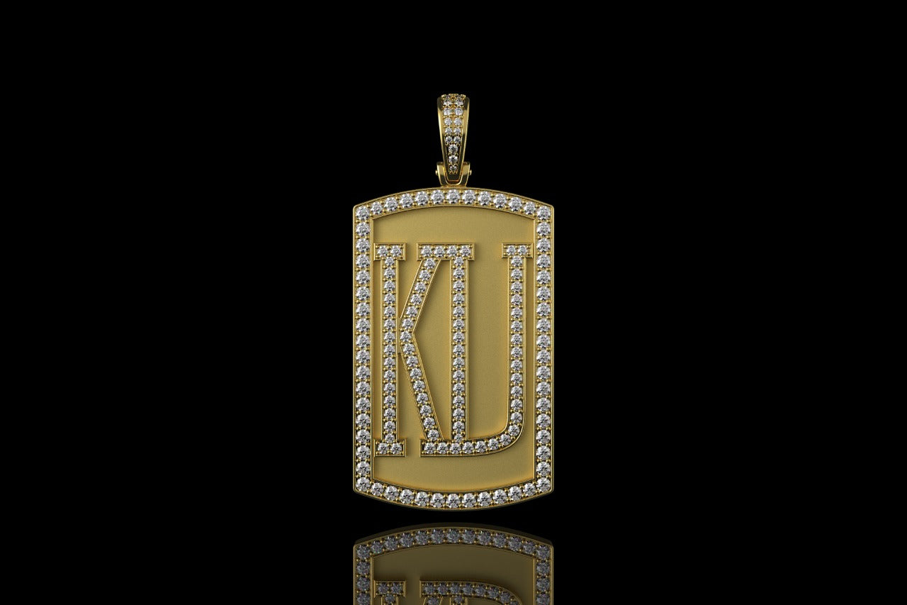 14k yellow gold custom "KU" style diamond dog tag pendant