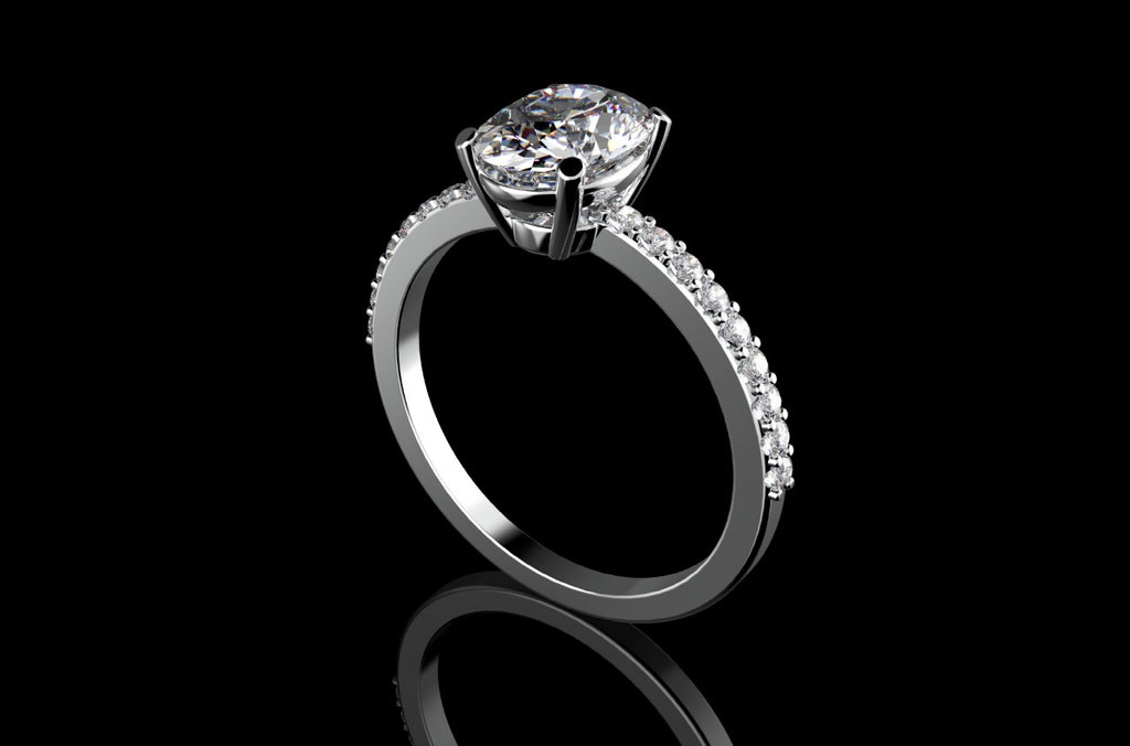 18k white gold oval shape solitaire diamond engagement ring with classic diamond band