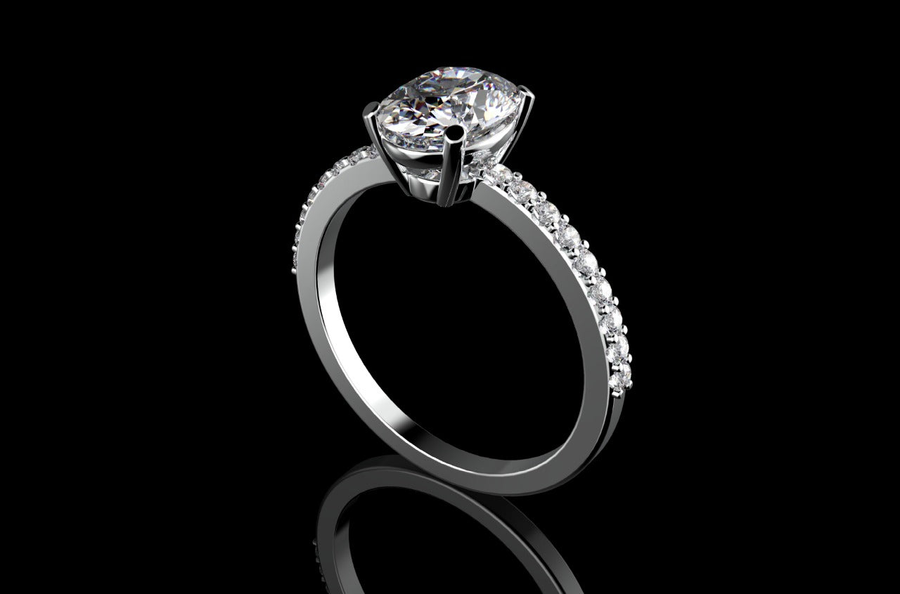 18k white gold oval shape solitaire diamond engagement ring with classic diamond band