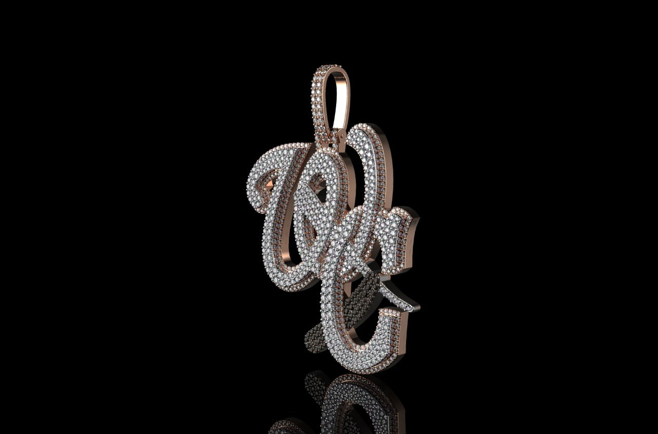14k 2 tone rose and white gold "WC" with barber razor blade black and white diamond pendant