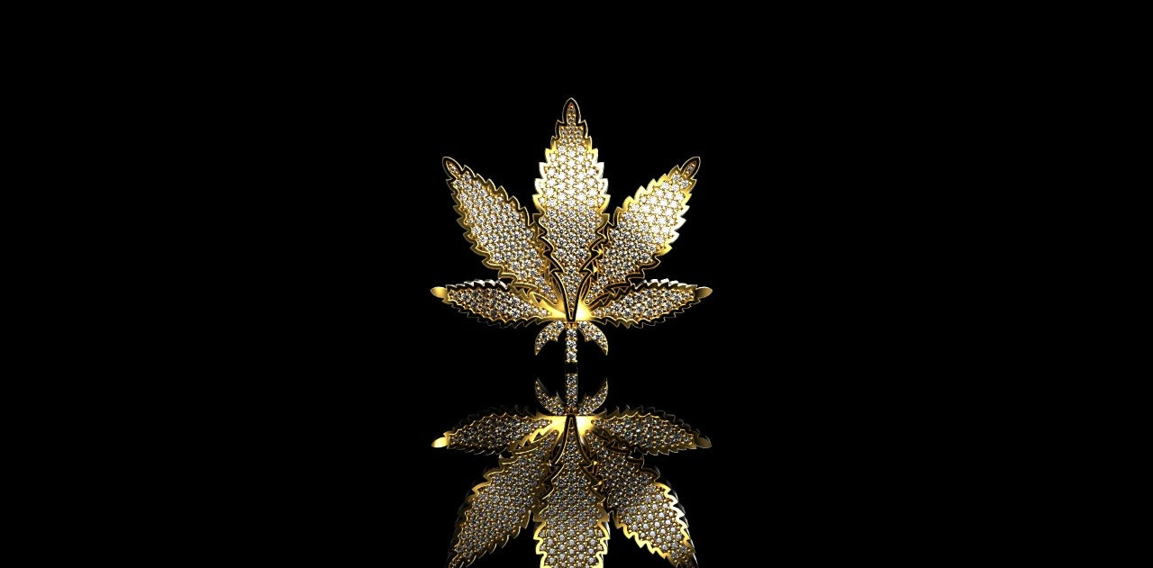 14k yellow gold diamond marijuana flower weed pendant