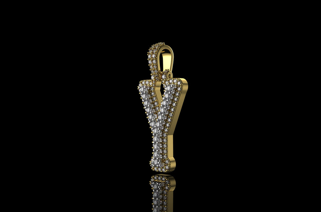 14k 2 tone yellow and white gold double layer initial Y diamond pendant