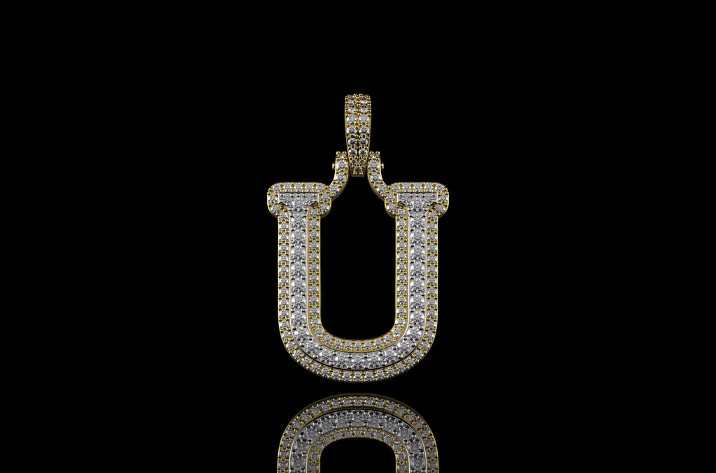 14k 2 tone yellow and white gold double layer initial U diamond pendant