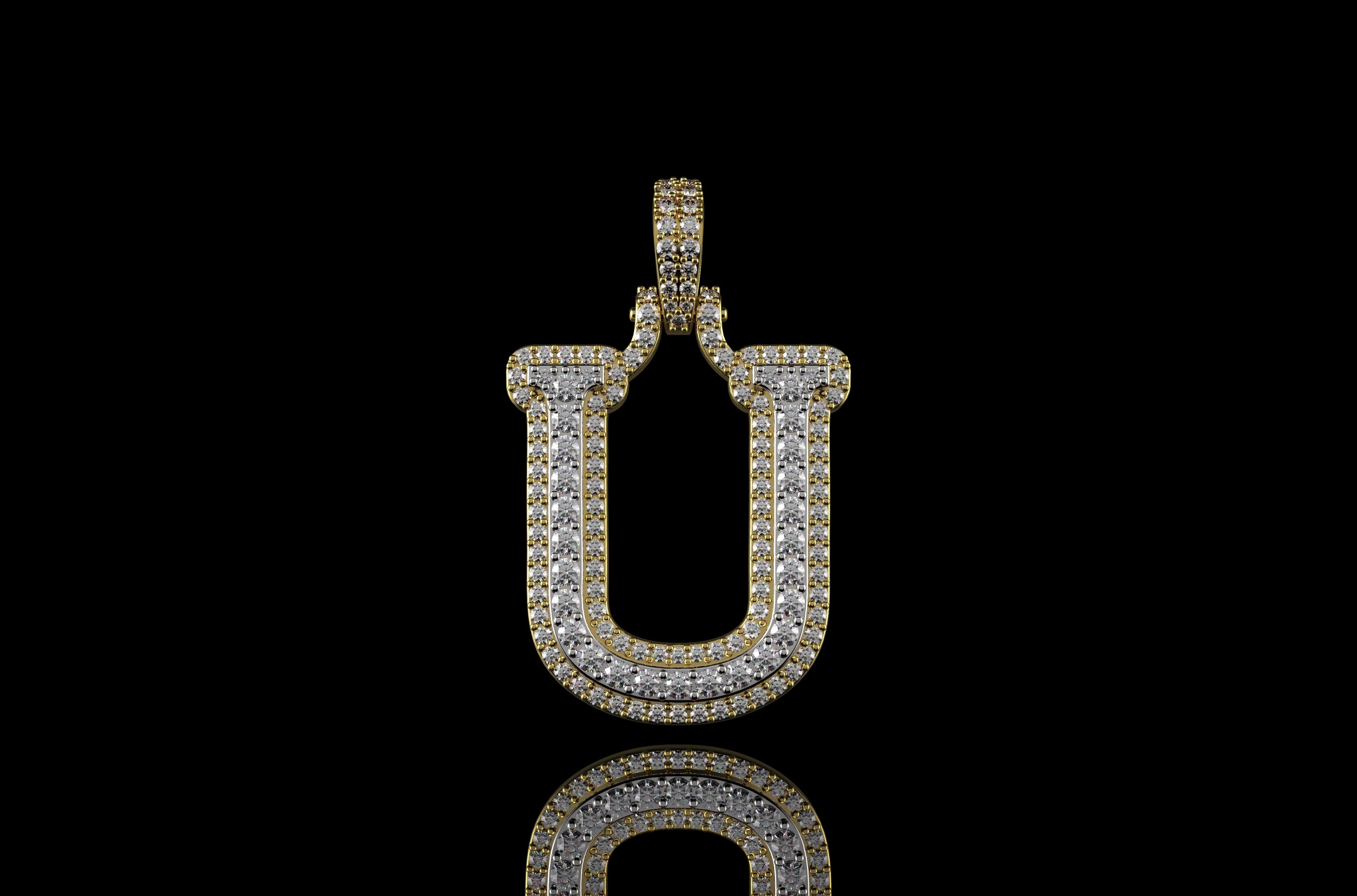 14k 2 tone yellow and white gold double layer initial U diamond pendant