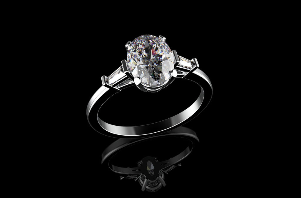 18k white gold custom made oval shape diamond engagement ring with tapered baguette side accent diamonds