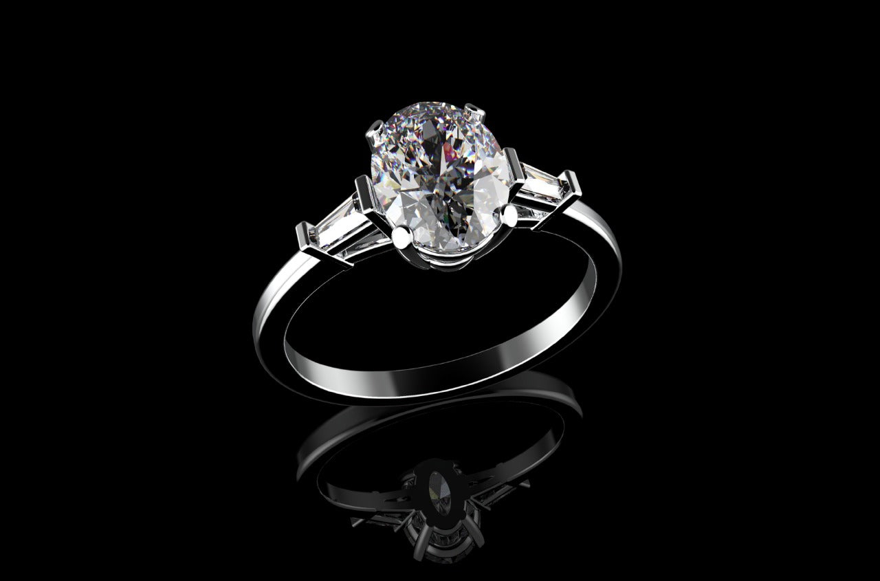 18k white gold custom made oval shape diamond engagement ring with tapered baguette side accent diamonds
