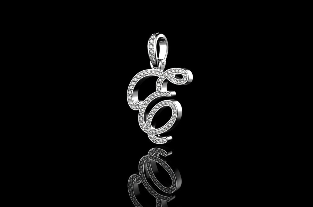 14K WHITE GOLD CUSTOM SINGLE LAYER INITIAL "E" STYLE DIAMOND PENDANT