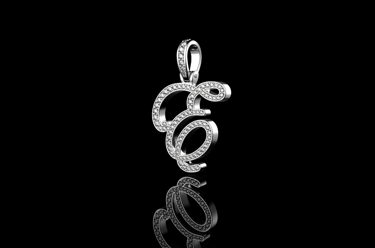 14K WHITE GOLD CUSTOM SINGLE LAYER INITIAL "E" STYLE DIAMOND PENDANT