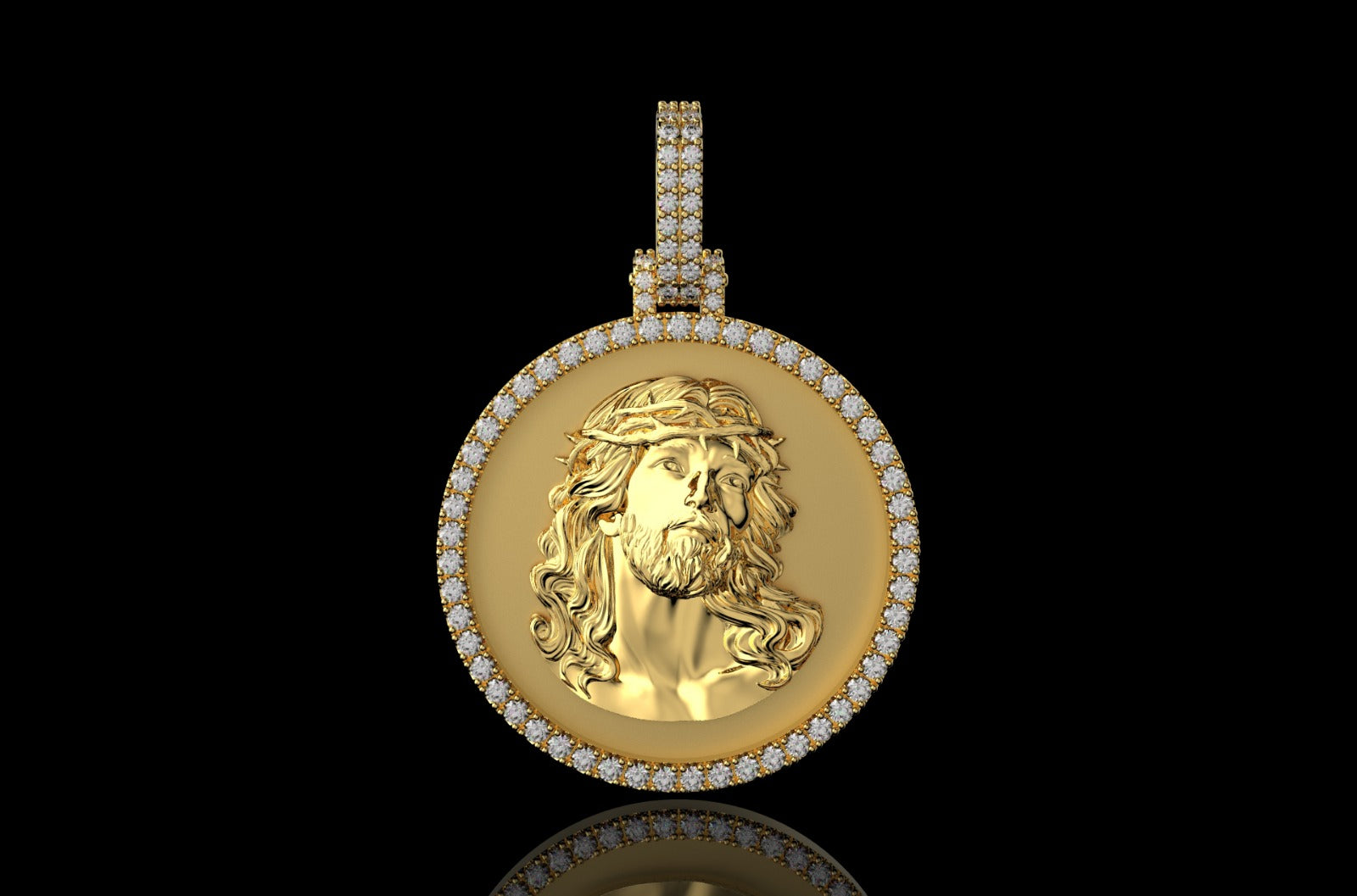 14k yellow gold custom round 3d diamond jesus head medallion pendant
