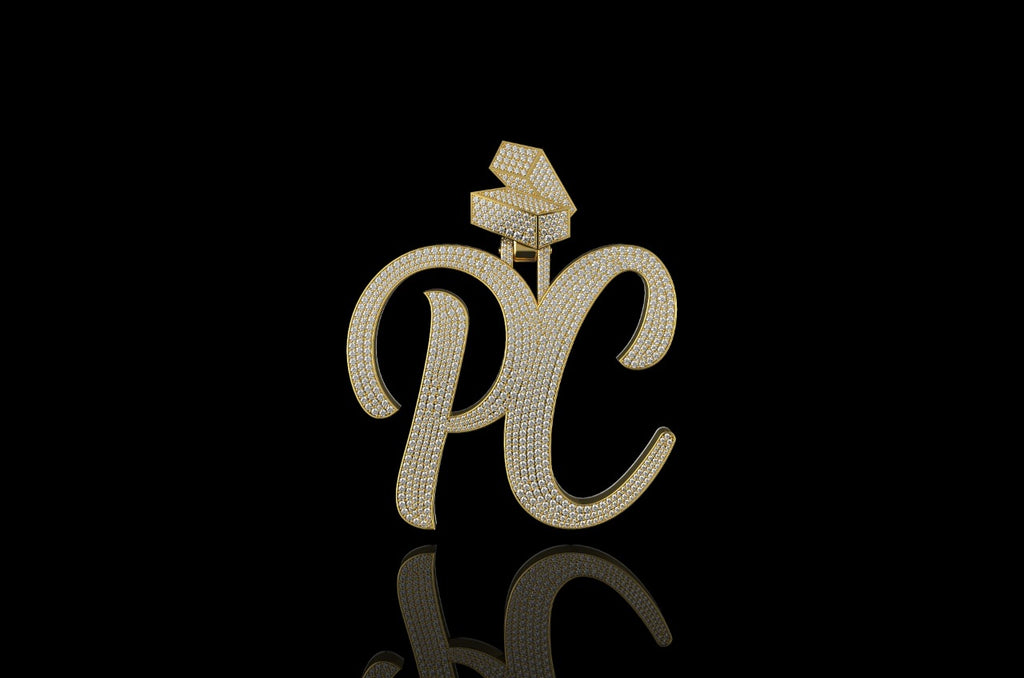 14k yellow gold 3d custom "PC" style diamond pendant with custom bail