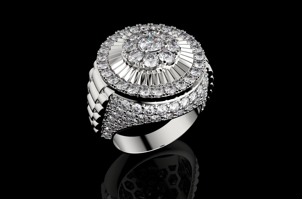 14k white gold Rolex inspired ring 4.33cts