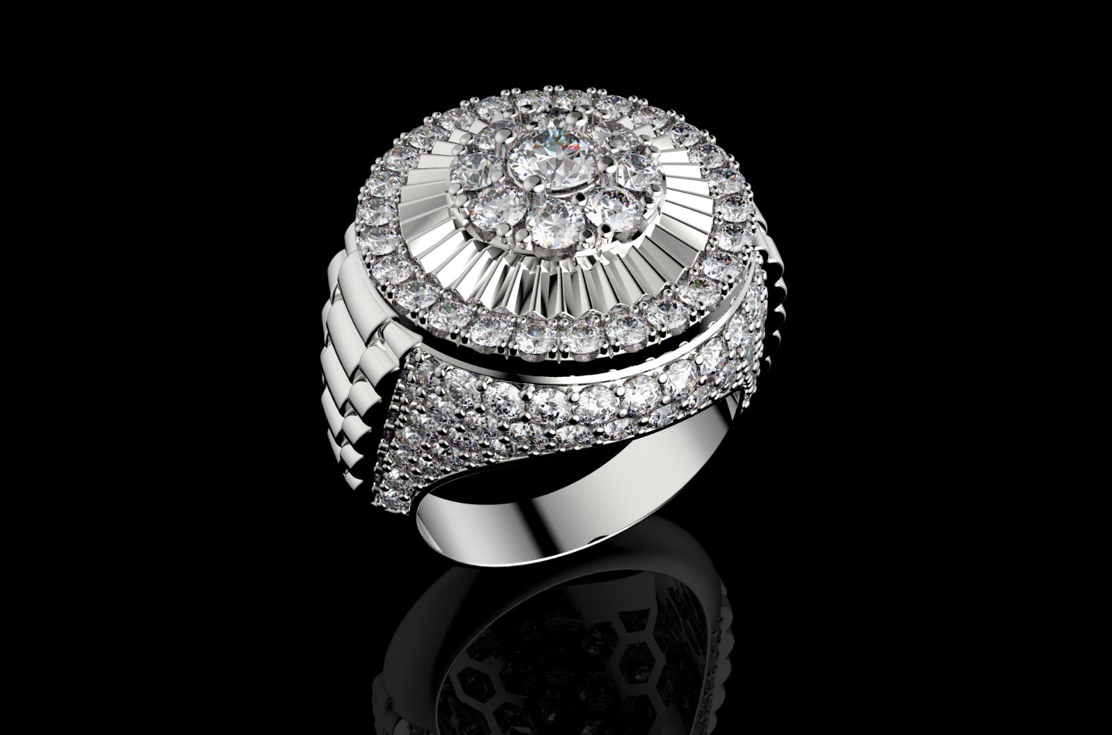 14k white gold Rolex inspired ring 4.33cts
